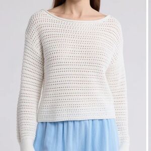 Abound Open Stitch Cotton Sweater Size Small White Crochet Knit Coastal Boho